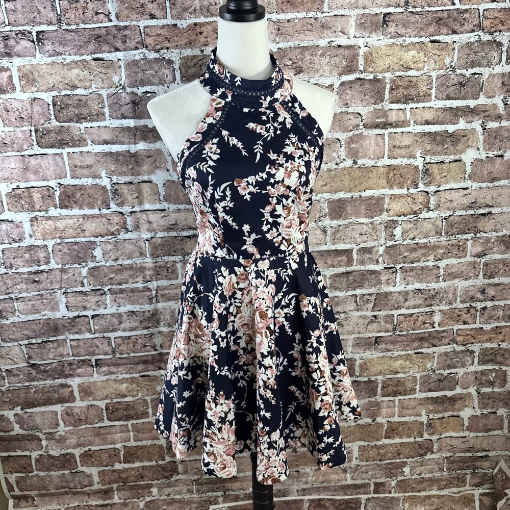 B. Darlin Navy Blue Floral Halter Neck‎ Fit & Flare Dress - Size 9/10